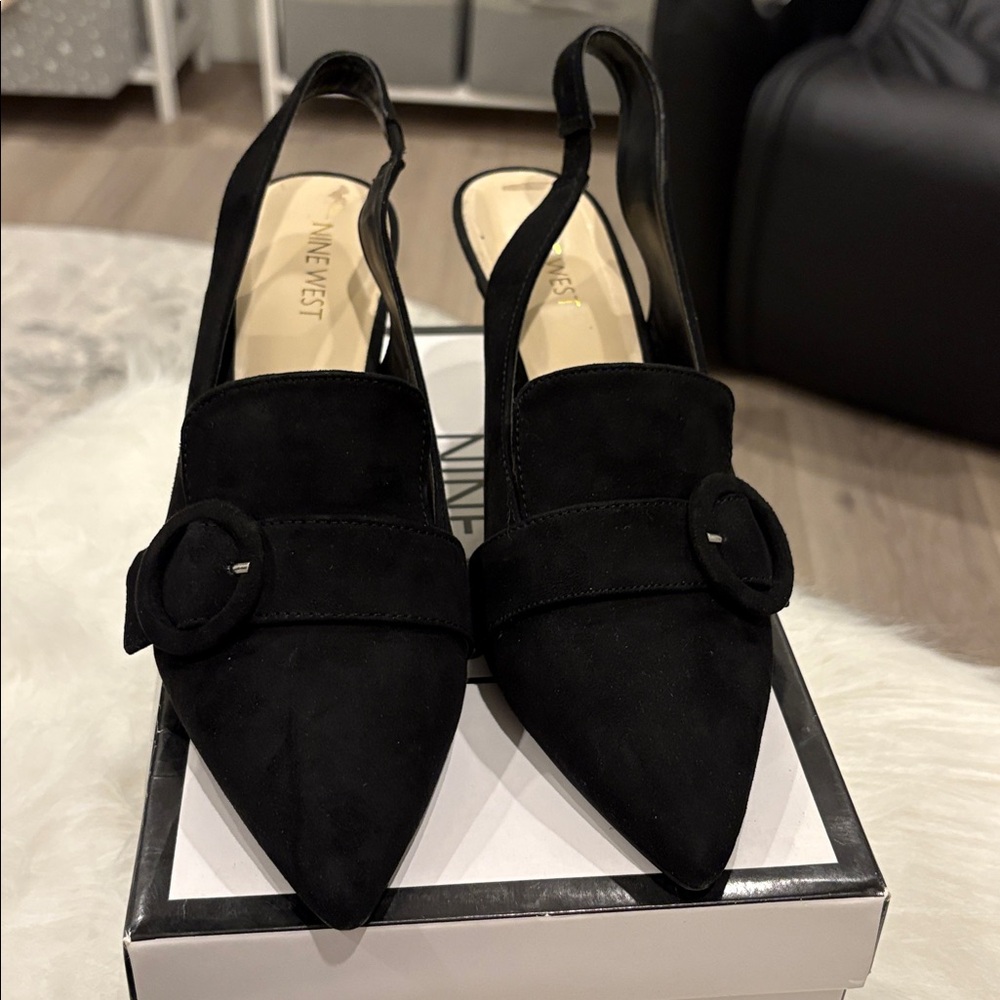 Elegant Nine West Shoes, Size 8.5 M Black Suede NW7Mortimer Sling back Heels